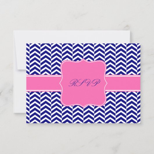 Monogram Navy Blue met warmroze Chevron RSVP (Achterkant)