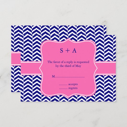 Monogram Navy Blue met warmroze Chevron RSVP (Voorkant / Achterkant)