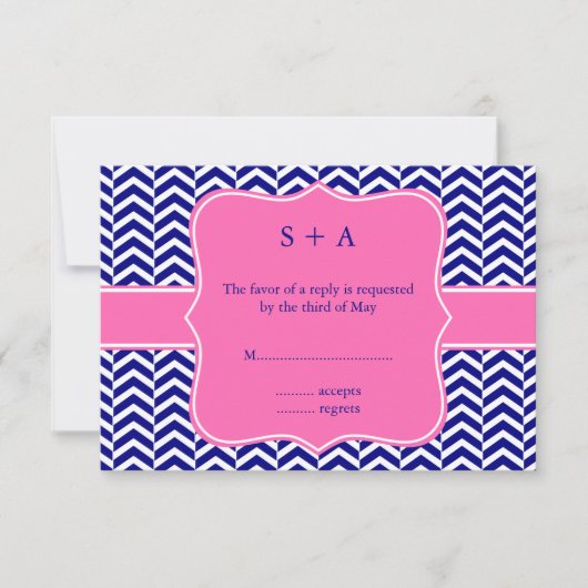 Monogram Navy Blue met warmroze Chevron RSVP Kaartje (Voorkant)