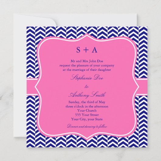 Monogram Navy Blue met warmroze Chevron Wedding Kaart (Voorkant)