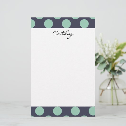 Monogram Navy Blue Mint Green Polka Dot Pattern Briefpapier (Staand voorkant)