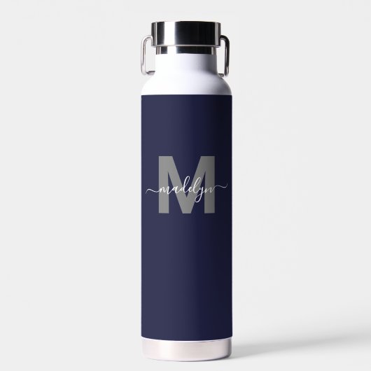 Monogram Navy Blue Name Waterfles (Voorkant)