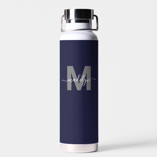 Monogram Navy Blue Name Waterfles (Achterkant)