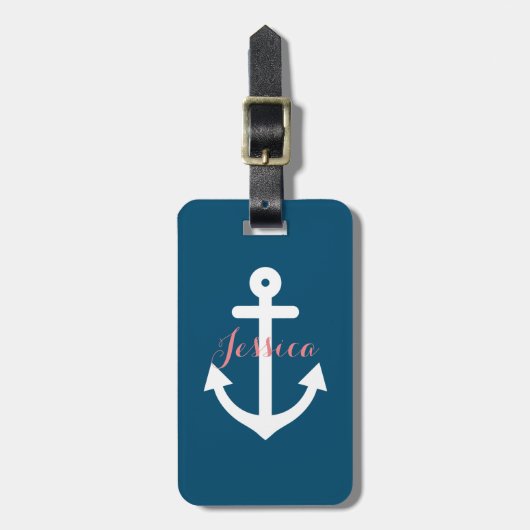Monogram Navy Blue Nautical Anchor Bagagelabel (Voorkant verticaal)