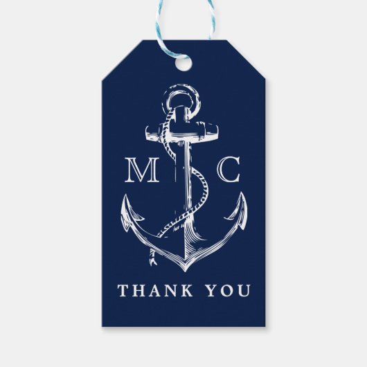 Monogram Navy Blue Nautical Anchor Dank je Cadeaulabel (Voorkant)