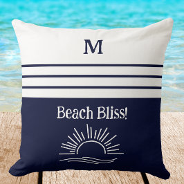 Monogram Navy Blue Nautical Stripes Beach House Kussen