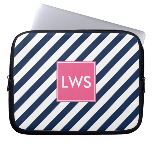 Monogram Navy Blue Nautical Stripes Laptop Sleeve (Voorkant)