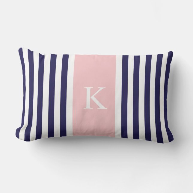 Monogram Navy Blue Pastel Pink Stripes Kussen (Voorkant)