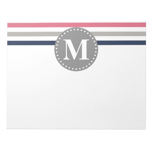Monogram Navy Blue Pink Striped Pattern Notitieblok (Voorkant)