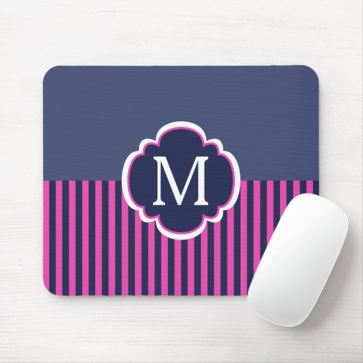 Monogram Navy Blue Pink Stripes Muismat (Met muis)
