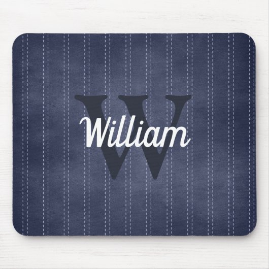 Monogram Navy Blue  Pinstripe Retro Muismat (Voorkant)