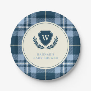 Monogram Navy Blue Plaid Baby Boy Shower Papieren Bordje