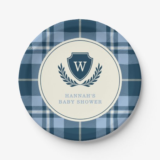 Monogram Navy Blue Plaid Baby Boy Shower Papieren Bordje (Voorkant)