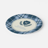 Monogram Navy Blue Plaid Baby Boy Shower Papieren Bordje (Gekanteld)