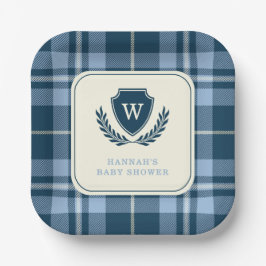 Monogram Navy Blue Plaid Baby Boy Shower Papieren Bordje