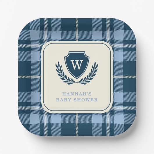 Monogram Navy Blue Plaid Baby Boy Shower Papieren Bordje (Voorkant)