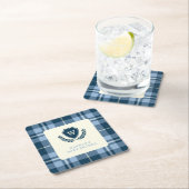 Monogram Navy Blue Plaid Baby shower Celebration Kartonnen Onderzetters (Insitu)