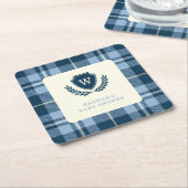 Monogram Navy Blue Plaid Baby shower Celebration Kartonnen Onderzetters (Schuin)