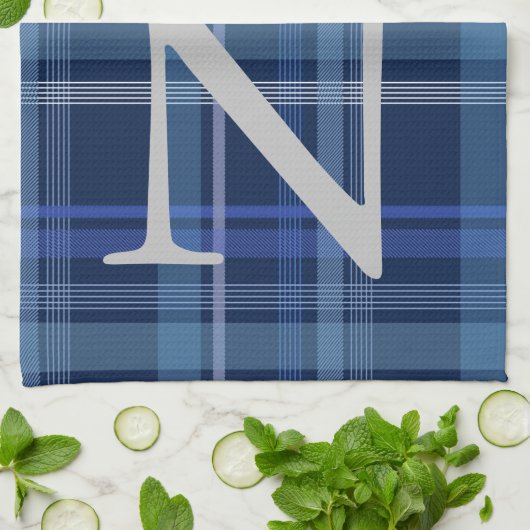 Monogram Navy Blue Pset Tartan Cute Retro Theedoek (Gevouwen)