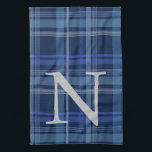 Monogram Navy Blue Pset Tartan Cute Retro Theedoek<br><div class="desc">Navy Blue Pset Tartan Cute Retro Aesthetic Monogram Kitchen Towel</div>