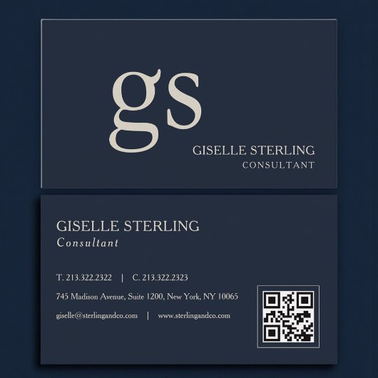 Monogram Navy Blue QR Code Professioneel Visitekaartje