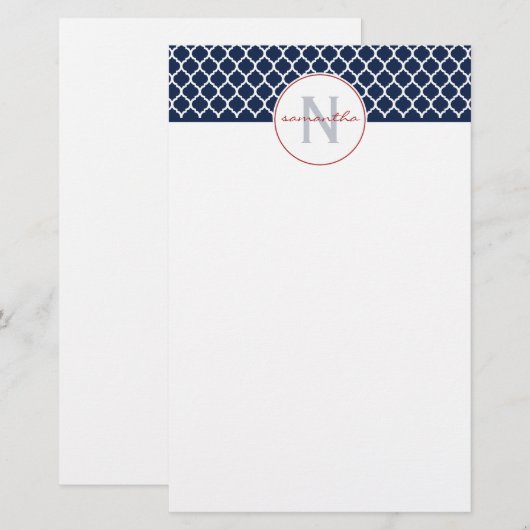 Monogram Navy Blue Quatrefoil Briefpapier (Voorkant / Achterkant)
