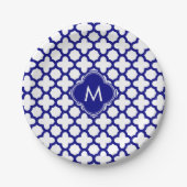 Monogram Navy Blue Quatrefoil Pattern Papieren Bordje (Voorkant)
