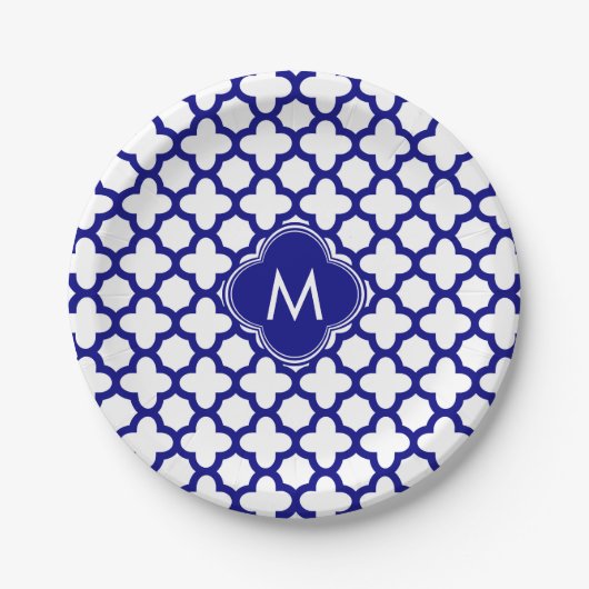 Monogram Navy Blue Quatrefoil Pattern Papieren Bordje (Voorkant)