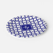 Monogram Navy Blue Quatrefoil Pattern Papieren Bordje (Gekanteld)