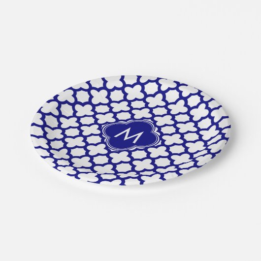 Monogram Navy Blue Quatrefoil Pattern Papieren Bordje (Gekanteld)