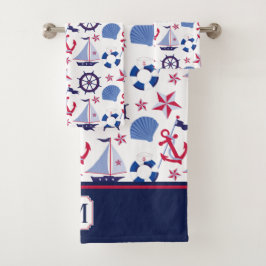 Monogram Navy Blue Red Nautical Pattern Bad Handdoek