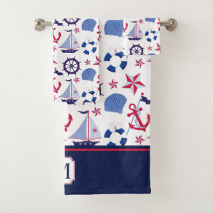 Monogram Navy Blue Red Nautical Pattern Bad Handdoek