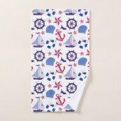 Monogram Navy Blue Red Nautical Pattern Bad Handdoek (Handdoek)