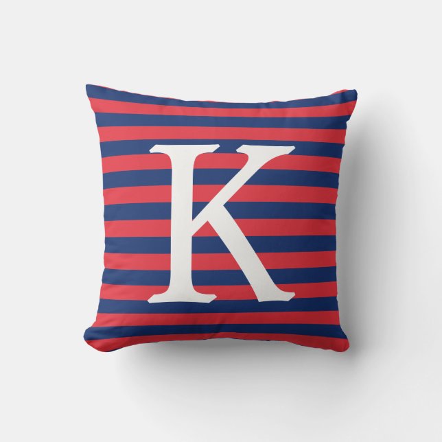 Monogram Navy Blue & Red Stripes Kussen (Voorkant)