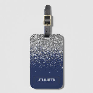 Monogram Navy Blue Silver Glam Glitter Bagagelabel