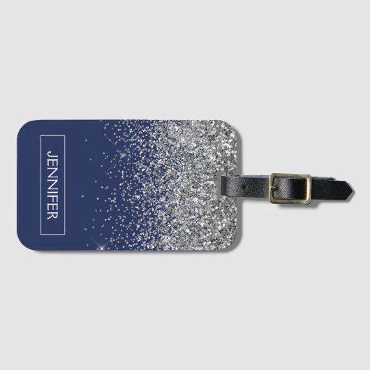 Monogram Navy Blue Silver Glam Glitter Bagagelabel (Voorkant (horizontaal))