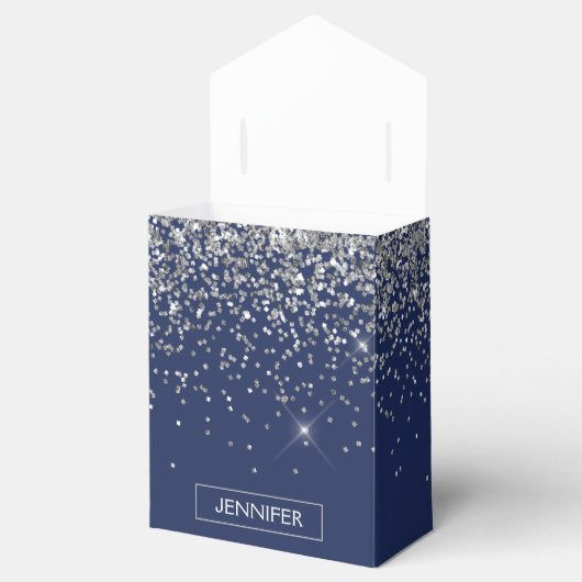 Monogram Navy Blue Silver Glam Glitter Bedankdoosjes (Geopend)