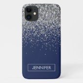 Monogram Navy Blue Silver Glam Glitter Case-Mate iPhone Case (Achterkant)