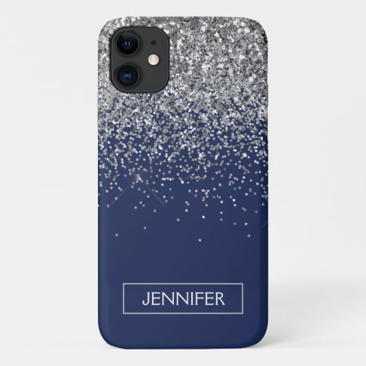 Monogram Navy Blue Silver Glam Glitter Case-Mate iPhone Case (Achterkant)