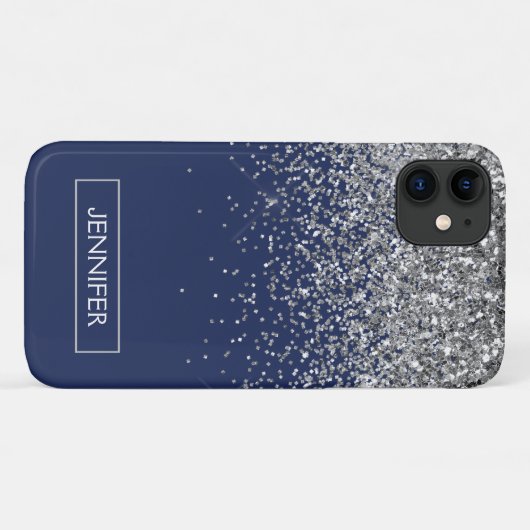 Monogram Navy Blue Silver Glam Glitter Case-Mate iPhone Case (Achterkant (horizontaal))