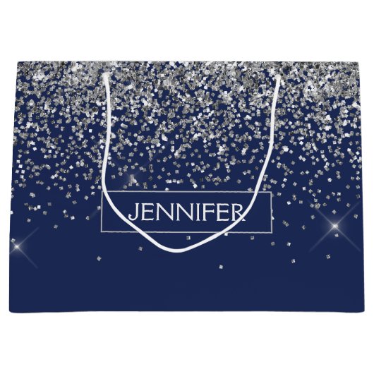 Monogram Navy Blue Silver Glam Glitter Groot Cadeauzakje (Voorkant)