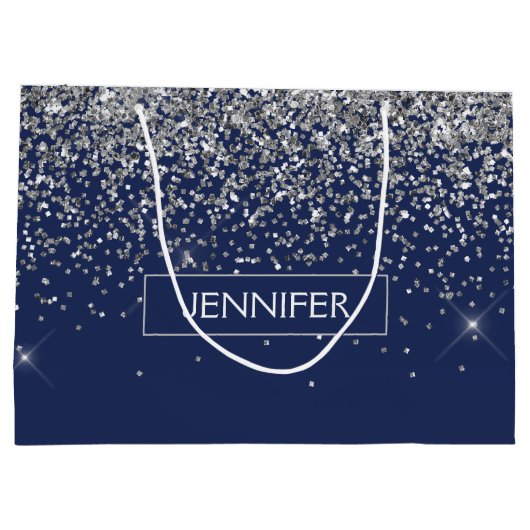 Monogram Navy Blue Silver Glam Glitter Groot Cadeauzakje (Achterkant)