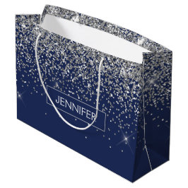 Monogram Navy Blue Silver Glam Glitter Groot Cadeauzakje