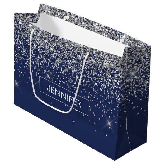 Monogram Navy Blue Silver Glam Glitter Groot Cadeauzakje (Voorkant Gekanteld)