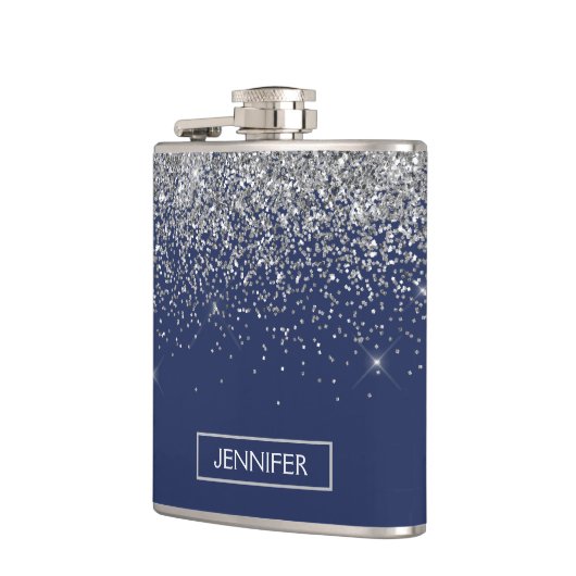 Monogram Navy Blue Silver Glam Glitter Heupfles (Links)