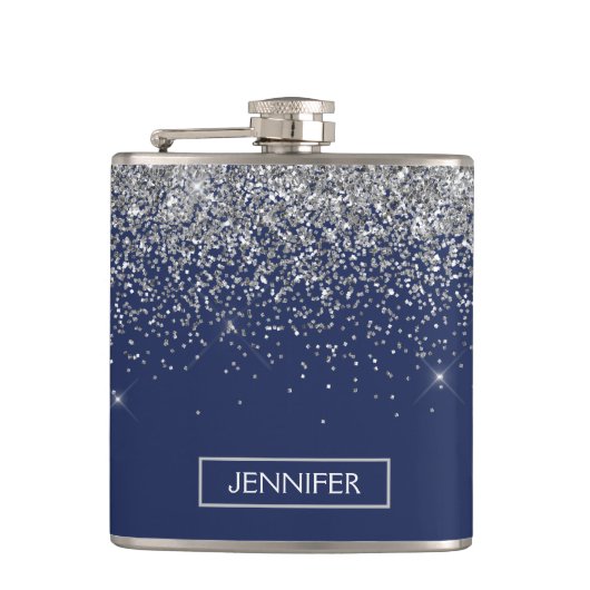 Monogram Navy Blue Silver Glam Glitter Heupfles (Voorkant)