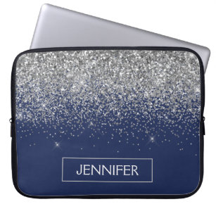 Monogram Navy Blue Silver Glam Glitter Laptop Sleeve