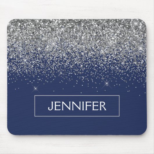 Monogram Navy Blue Silver Glam Glitter Muismat (Voorkant)