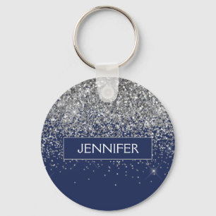 Monogram Navy Blue Silver Glam Glitter Sleutelhanger