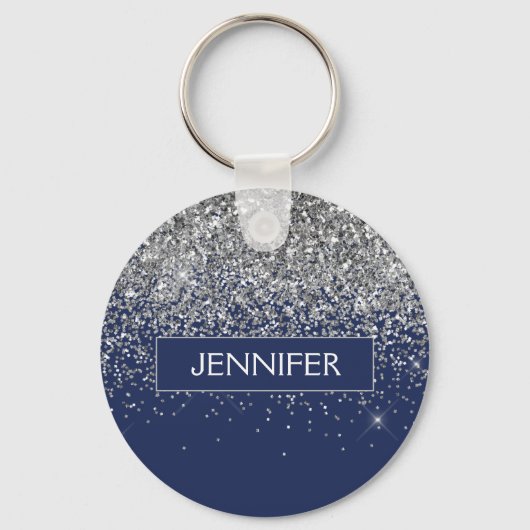 Monogram Navy Blue Silver Glam Glitter Sleutelhanger (Voorkant)